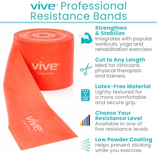 Vive Professional Resistance Bands - 25 Yard Non-Latex Roll for Physical Therapy, Lower and Upper Body Exercise Workout - Straight Elastic for Strength Training, Rehabilitation, Women, Men - color: Red