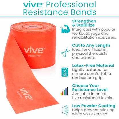 Vive Professional Resistance Bands - 25 Yard Non-Latex Roll for Physical Therapy, Lower and Upper Body Exercise Workout - Straight Elastic for Strength Training, Rehabilitation, Women, Men - color: Red