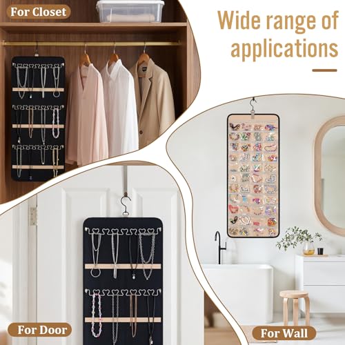 3 Pack Hanging Jewelry Organizer Storage with 48 Pockets and Hooks Dual-Sided Hanging Jewelry Organizers and Storage Hang on Closet, Wall, Door for Earrings, Necklaces, Rings,Blcak - size: Large