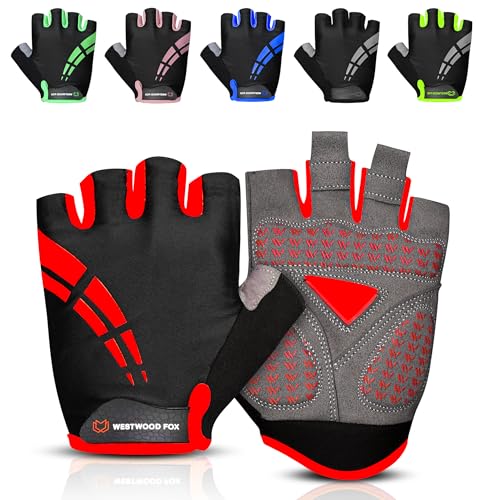 WESTWOOD FOX Cycling Gloves for Men Women,Half Finger Unisex Gel Padded Anti-Slip Mountain Bike Gloves, Breathable Shock Absorption Grip Palm Bicycle Summer Riding MTB Bike Gloves - color: Red, size: Large