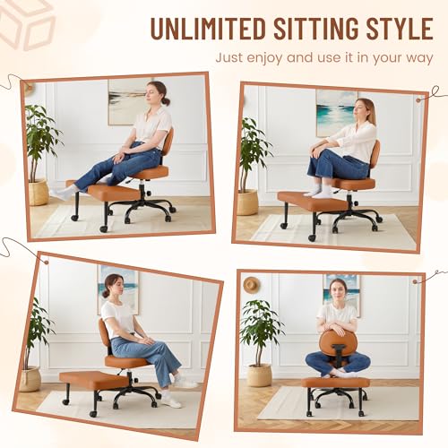Homall Ergonomic Cross Legged Office Desk Chair with Wheels, 360° Swivel and Adjustable Height for Meditation and ADHD,Criss Cross Kneeling Chair with Lumbar Support (Leather, Brown) - color: Brown