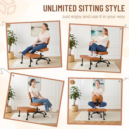 Homall Ergonomic Cross Legged Office Desk Chair with Wheels, 360° Swivel and Adjustable Height for Meditation and ADHD,Criss Cross Kneeling Chair with Lumbar Support (Leather, Brown) - color: Brown
