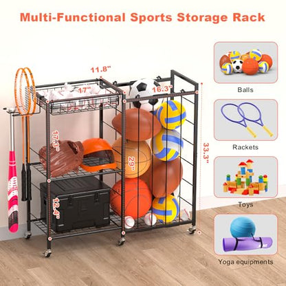 Multi-Functional Sports Equipment Organizer with Elastic Rope, Removable Basket & Racket Holders - Heavy-Duty Organizer for Balls, Tennis/Badminton Rackets - Ideal for Garage, Home Gym & Playroom