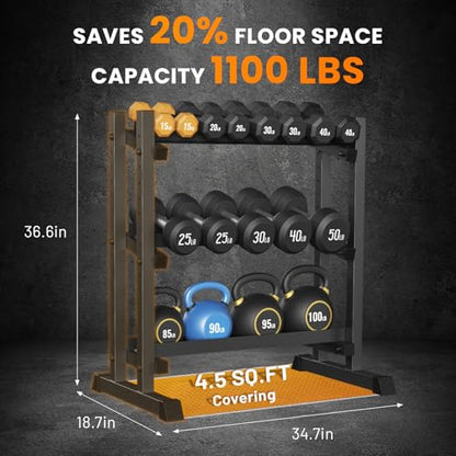 3-Tier Dumbbell Rack, 1100LBS Capacity Adjustable Weight Rack, Heavy-Duty Weight Stand for Dumbells & Kettlebells, Compact Weight Storage Organizer for Home Gym (Rack Only)