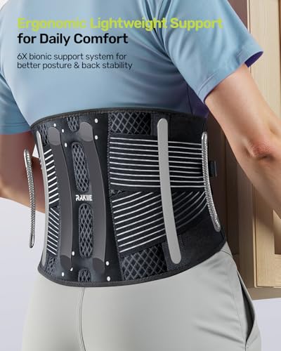 Rakiie Slim Back Brace for Lower Back Pain Relief, Lightweight & Breathable Back Support Brace for Men Women, Ergonomic Light Lumbar Support for Everyday Wear, Light Gray XL