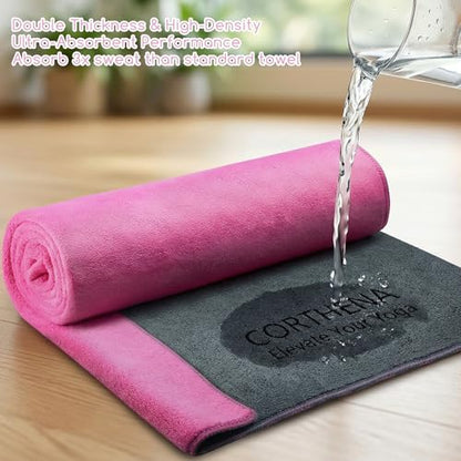 Hot Yoga Mat Towel Set – Non-Slip 600GSM Thickened Microfiber Yoga Mat Cover (70"x25.5") + Hand Towel – Super Absorbent, Skidless Sweat Towel for Hot Pilates, Bikram & Fitness, Dark Pink