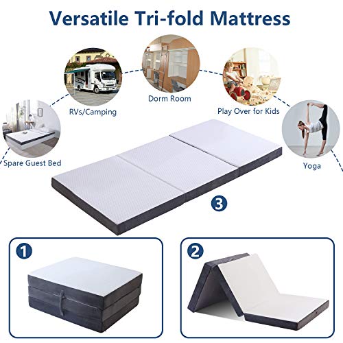 Folding Foam Mattress 4 Inches Foldable Floor Mattresses with Collapsible and Washable Cover, Portbale Travel Mat Tri-fold Guest Mattress Camping Sofa Bed