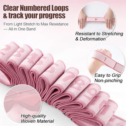 Resistance Bands Set with Numbers, 8/10/12 Loop Stretch Strap 3-Pack, Adjustable Exercise Bands for Yoga, Full Body Workout, Shaping, Stretching and Home Gym Exercise - color: Pink