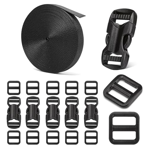 5/8" Buckle and Strap Set: 6 Yards of Thick Nylon Webbing, 6 Pack Quick Side Release Adjustable Plastic Buckles, 12 Tri-Glide Slide Clips, Black (5/8 Inch Combo Set) - style: 5/8" Combo Set