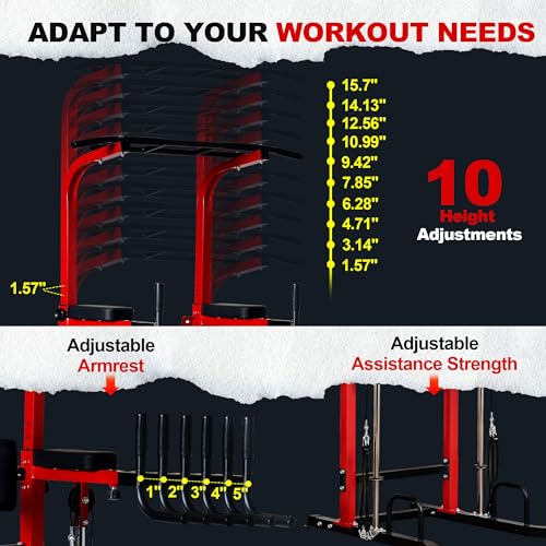 soges Power Tower Pull Up Bar Station, Height Adjustable Multi-Function Dip Station with Assisted Pad for Home Gym, 330Lbs Capacity Full Body Strength Training Workout Equipment for Beginners & Pros - color: Red