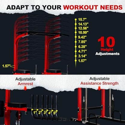 soges Power Tower Pull Up Bar Station, Height Adjustable Multi-Function Dip Station with Assisted Pad for Home Gym, 330Lbs Capacity Full Body Strength Training Workout Equipment for Beginners & Pros - color: Red