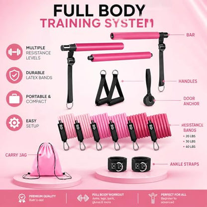 Pilates Bar Kit with Resistance Bands, Pilates Workout Equipment for Home Gym, Adjustable 3-Section Pilates Bar Kit for Women & Men, Ideal Pilates at Home Kit for Full Body Training & Flexibility