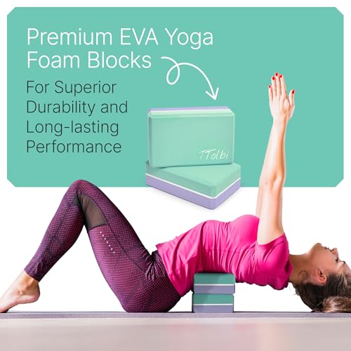 Yoga Blocks 2 Pack with Strap & Guide – Non-Slip EVA Foam Pilates Blocks for Home Workouts, Dance, Ballet, Gymnastics & Stretching Exercise | Ideal Dancer Gifts - color: Mint/Purple & Stretch Band Mint