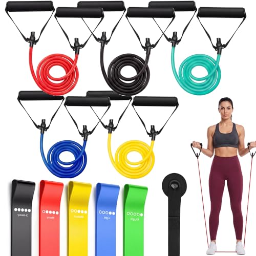Leyndo Resistance Bands with Handles Tube Exercise Band Handle Bands Workout Door Anchor Straps for Muscle Recovery Home Gym Strength Training for Men Women - color: Bright Color, size: 10-50 Lbs