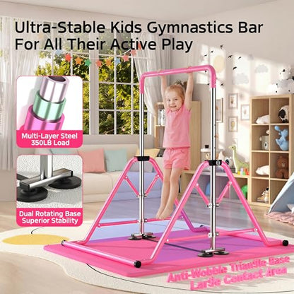 Expandable Kids Gymnastics Kip Bar - Upgraded Dual Base, Folding Adjustable Height 44''-60'', 350LBS Weight Limit, Anti-Slip Suction Feet, Home Training Bar for Kids Ages 3-13 (Pink) - color: Pink with rings and mat