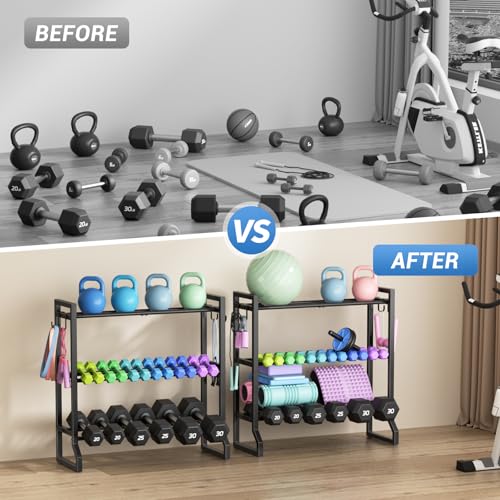 VOPEAK 3 Tier Dumbbell Rack, 400LB Capacity Dumbbell Rack Stand with 4 Hooks, Space-Saving Weight Rack for Home Gym, Weight Storage Organizer for Kettlebells (Rack Only)