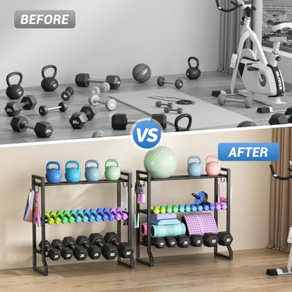 VOPEAK 3 Tier Dumbbell Rack, 400LB Capacity Dumbbell Rack Stand with 4 Hooks, Space-Saving Weight Rack for Home Gym, Weight Storage Organizer for Kettlebells (Rack Only)