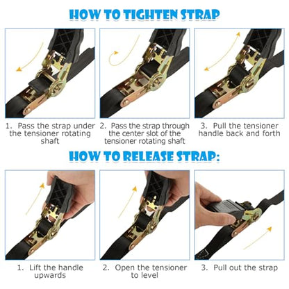 4pc 1in Ratchet Straps - Heavy Duty 20ft Tie Downs with Hooks, Black Ratcheting Straps for Motorcycle & Trucks - 2645 LBS Strength - color: Black