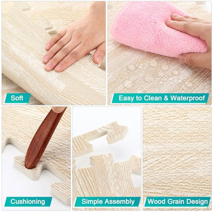 48 Pcs Printed Foam Tiles Bulk 12 x 12 Inch Interlocking Foam Mats Wood Grain Puzzle Floor Mat Tiles EVA Floor Padding Exercise Flooring with Border for Home Gym Playroom Kids(White)