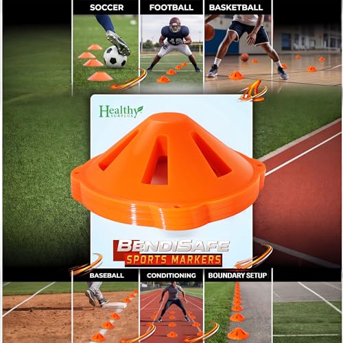 Soccer Training Discs Set of 12 - Flexible Agility Marker Discs for Soccer, Football & Basketball Drills- 7” Base and 2.25” Tall – High Visibility Orange Field Marker Cones - Made in USA - BendiSafe