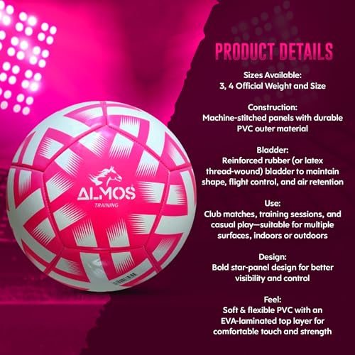 Almos Size 4 & 5 Soccer Ball for Adults, PVC Top Layer Laminated with EVA Foam, Training & Official Match Size Game Ball, Deflated Outdoor Pink Soccer Balls - size: 5