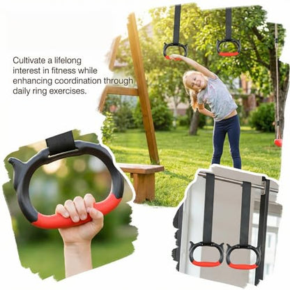 Gymnastics Rings, Children's Home Gym Equipment, Children's Adjustable Strap Strength Training Rings (Red)
