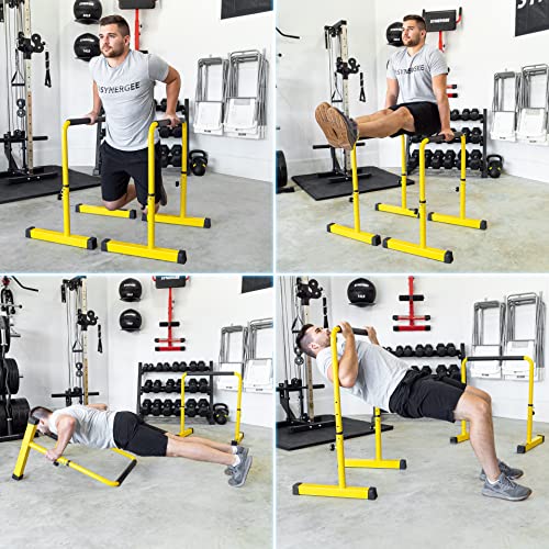 Synergee Dip Bar. Adjustable Dip Station from 30” – 39” for Dips, Inverted Pull Ups. Max capacity 400 lbs. Portable Dip Stand for Total Body Workout. Available in Yellow and Black.