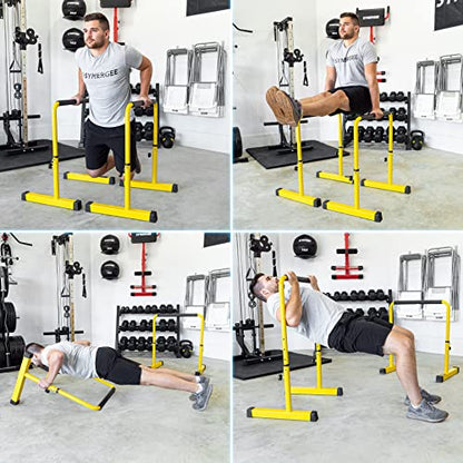 Synergee Dip Bar. Adjustable Dip Station from 30” – 39” for Dips, Inverted Pull Ups. Max capacity 400 lbs. Portable Dip Stand for Total Body Workout. Available in Yellow and Black.