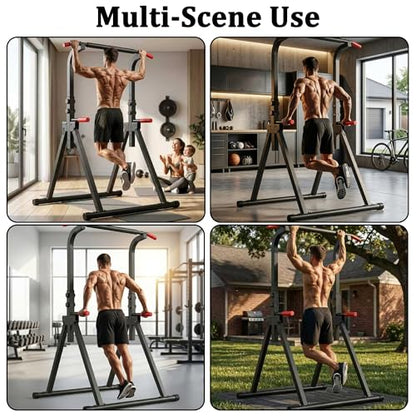 Foldable Pull Up Bar Standing Power Tower, Multi-Function Dip Station, 6-Level Adjustable Height Strength Training Equipment for Home Gym, 440lbs Capacity