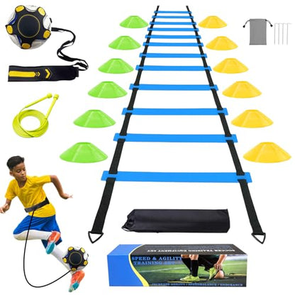 Soccer Agility Training Equipment Set, Soccer Accessories 12 Rung 20Ft Agility Ladder, 12 Disc Cones, Solo Soccer Trainer, Jump Rope - Speed Training Equipment Gifts for boy