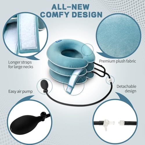 S Cervical Neck Traction Device for Neck Pain Relief - Inflatable Neck Stretcher Traction Collar for Neck Decompression - Best Home Use Neck Brace Pump (Blue Plush) - color: P. Blue
