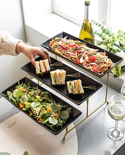 LYEOBOH 3 Tier Serving Tray, Porcelain Tiered Serving Stand with Platters - color: Black, style: 14inch Rectangle platter