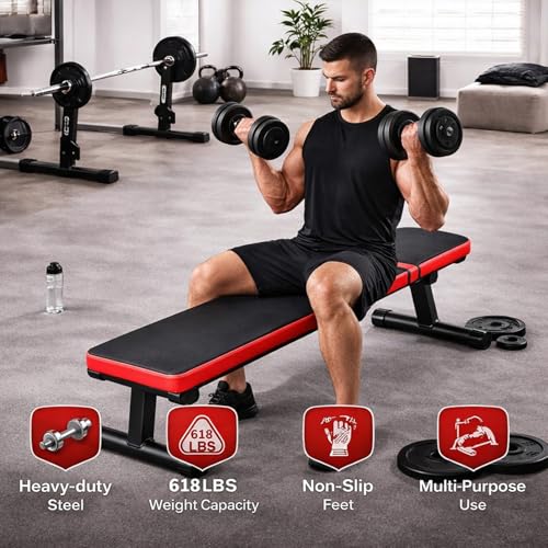 EZ-U Flat Weight Bench for Home Gym Foldable Bench Press Bench 618 lb Capacity Compact Strength Training Bench Black