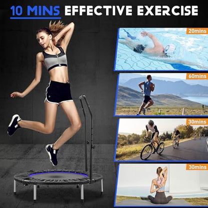 HYD-Parts 40" 48" Mini Trampoline for Adults and Kids Exercise Rebounder with Adjustable Bar Fitness Trampoline Indoor Max Load 330 440lbs - color: Blue-40in