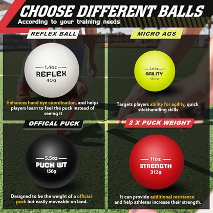 4 Pcs Hockey Stick Handling Balls 4 Weights Roller and Street Hockey Balls Training Aids Field Ball Training Equipment for Youth Beginner Advancer Indoor Outdoor Practice Skills Speed Reaction
