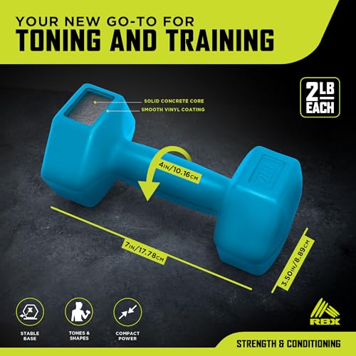 RBX Vinyl Coated Hand Weight Dumbbell Set - Hex Shaped, Roll Free for Body Building/Sculpting/Strength Training Exercise, (Set of 2) - color: Aqua, size: 2lb
