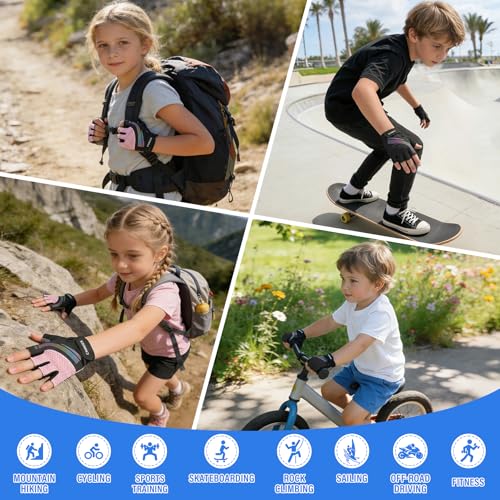 Kids Cycling Gloves for Boys Girls Half Finger Breathable Non-Slip Bike Gloves with Padded for Balance Bike Mountain BMX Scooter Outdoor Sports