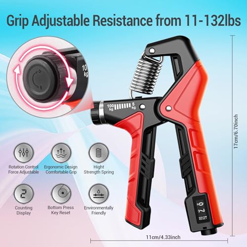 Hand Grip Strengthener - Adjustable Resistance 11-220Lbs Forearm Strength Trainer with Counting, Silicone Grip Ring & Hand Exercise for Quickly Increasing Wrist Forearm and Finger Strength Combo Set - color: Red Combo Set