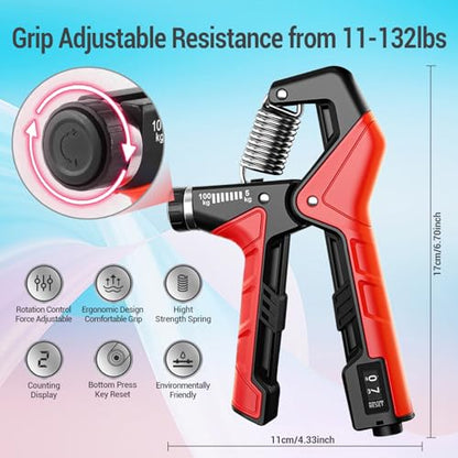 Hand Grip Strengthener - Adjustable Resistance 11-220Lbs Forearm Strength Trainer with Counting, Silicone Grip Ring & Hand Exercise for Quickly Increasing Wrist Forearm and Finger Strength Combo Set - color: Red Combo Set
