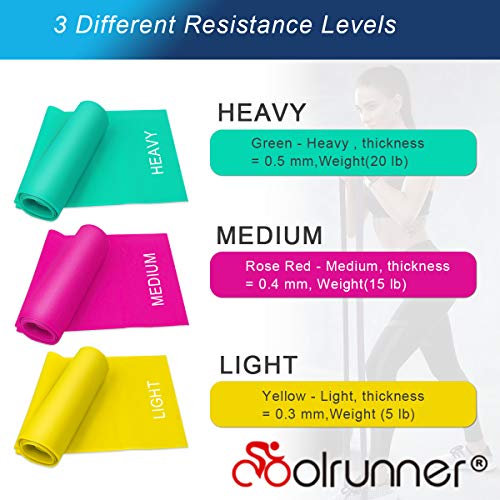 7FT. Long Latex Free Elastic Flat Exercise Band Set of 3 with Carry Bag, Wide Fitness Resistance Bands for Pilates, Gym, Physical Therapy, Yoga, Carry Bag, Green & Yellow & Rose Red