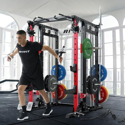RitFit Buffalo Smith Machine, Power cage with LAT-Pull Down System & Cable Crossover System, All-in-One Squat Rack for Home Gym, Power Rack - color: RED, size: Package(With CP260)