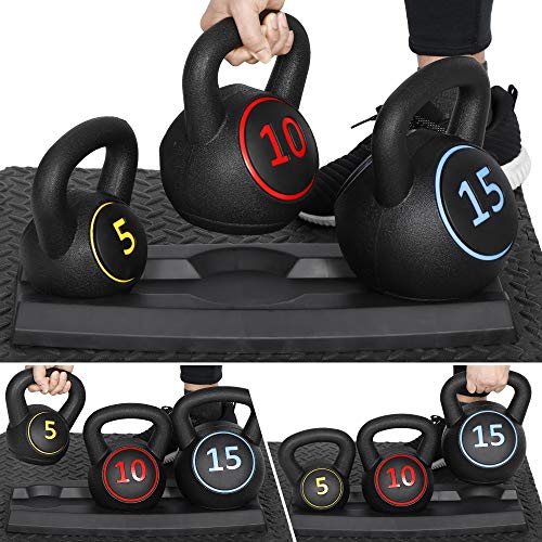 LEMY 3/4-Piece Kettlebell Strength Training Set, Fitness Equipment Exercise Wide Grip Kettlebells, Full Body Workout, Core Training for Home, Gym - size: 5-10-15LB