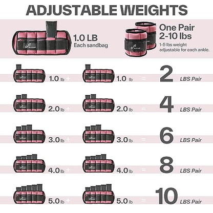 Sportneer Adjustable Ankle Weights Set - 1 Pair (2-10 lbs) Removable Sandbags for Women & Men, Comfortable Neoprene Leg Weights for Walking, Running, Pilates, Yoga, Home Workout & Physical Therapy, Rosy Melon, 5 lbs x 2)