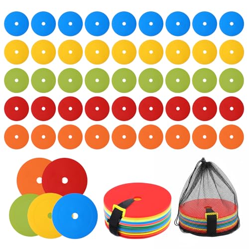 50 Pcs Flat Cones for Sports Training, 6 Inch Soccer Cones Non-Slip Field Cone Spot Marker for Speed Agility Practice, 5 Colors Flat Discs with Strap and Mesh Bag for Football Basketball