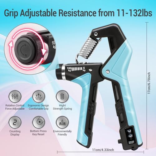 Hand Grip Strengthener - Adjustable Resistance 11-220Lbs Forearm Strength Trainer with Counting, Silicone Grip Ring & Hand Exercise for Quickly Increasing Wrist Forearm and Finger Strength Combo Set - color: Blue Combo Set