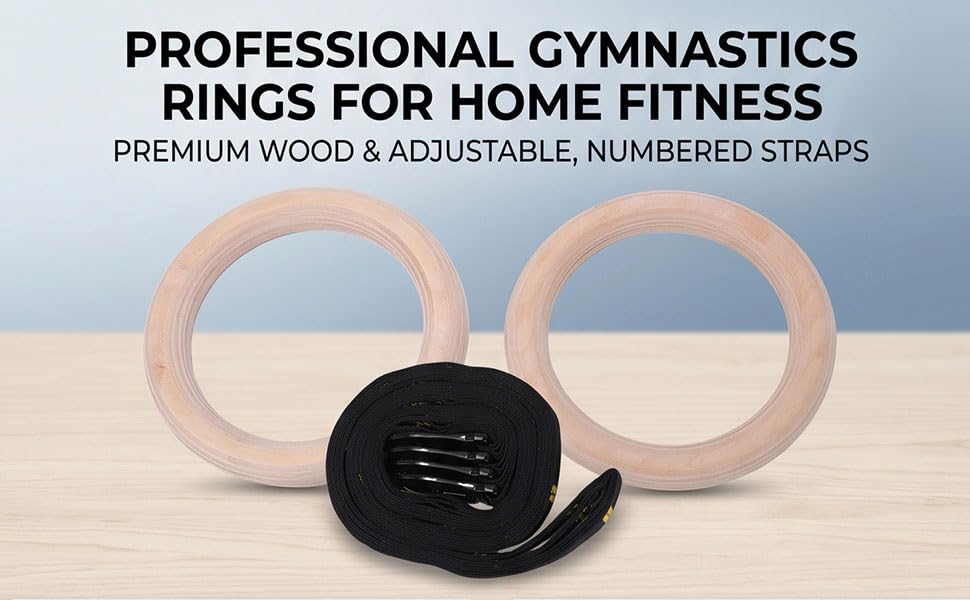 2PCS Gymnastics Rings, Wooden Exercise Rings with Adjustable Straps for Upper Body Home Gym Strength Training