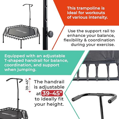 Upper bounce Mini Workout Trampoline Adjustable tshaped handrail – Hexagonal rebounder Trampoline Kids & Adults – Fitness Recreational Trampolines, Supports up 220lbs. (Black, 50 Inches)