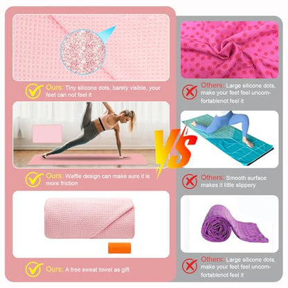 Yoga Mat Towel Non Slip for Hot Yoga, with a Sweat Towel, Anti-Slip Silicone Grip Dot, Waffle Fiber 400GSM,72'' x 25'' Mat Size,Grippy Yoga Mat Towel, Soft Absorbent for Hot Exercise,Bikram,Pilates