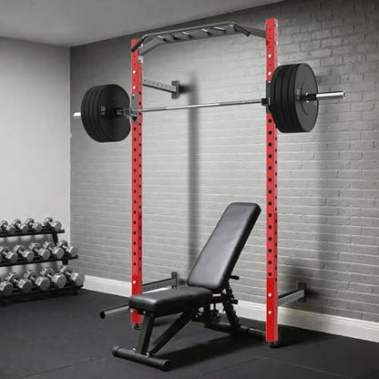 GAOMON Commercial Wall Mounted Squat Rack, Heavy Duty Carbon Steel Home Gym Equipment with Multi-Grip Pull Up Bar, j-Cups & Landmine Attachment for Home and Garage Gym, Red