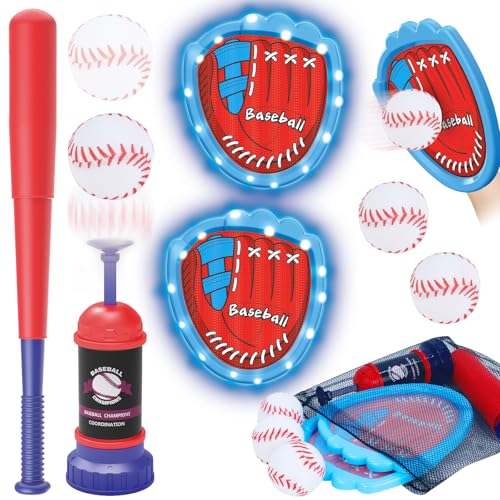 Baseball Toss and Catch Game Set - Indoor Outdoor Sports Toy with 2 Catch Paddles, 3 Sticky Balls, Baseball Bat, Pitching Machine and Storage Bag, Perfect for Backyard Fun Family Games
